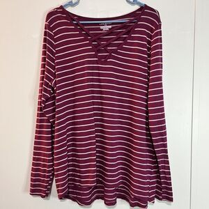 Lane Bryant Long Sleeved Top Maroon White Stripes Criss Cross Front Size 14/16